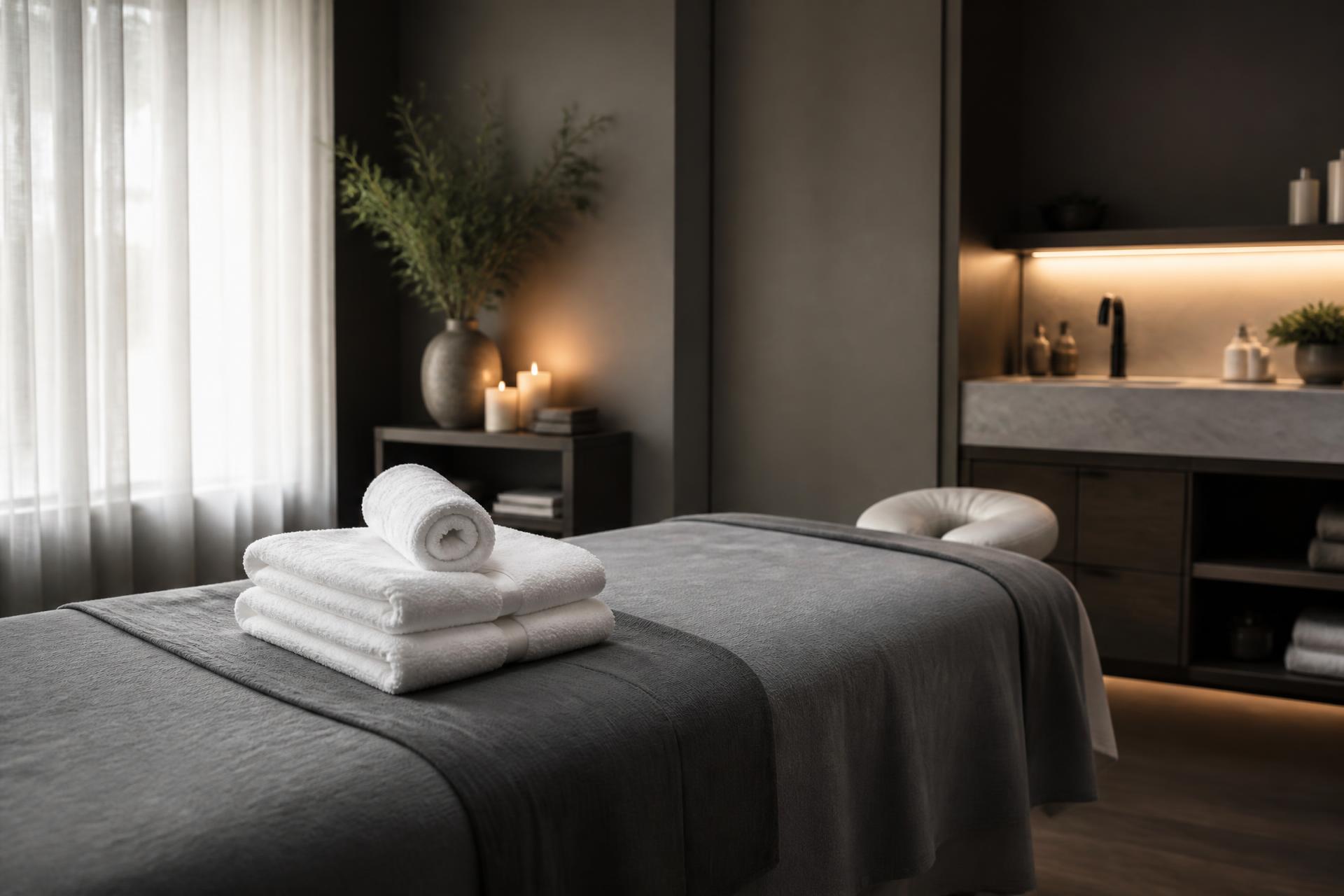 Calm massage therapy room with folded white towels on a treatment table