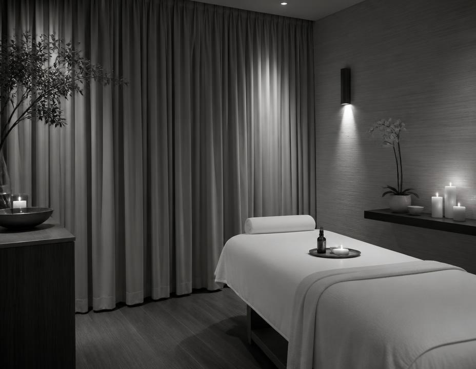 Quiet private treatment suite with a single massage table and candlelight