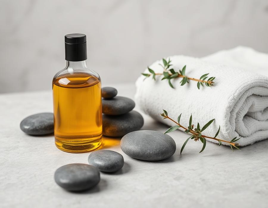 Massage oil, smooth gray stones and a rolled towel arranged on stone
