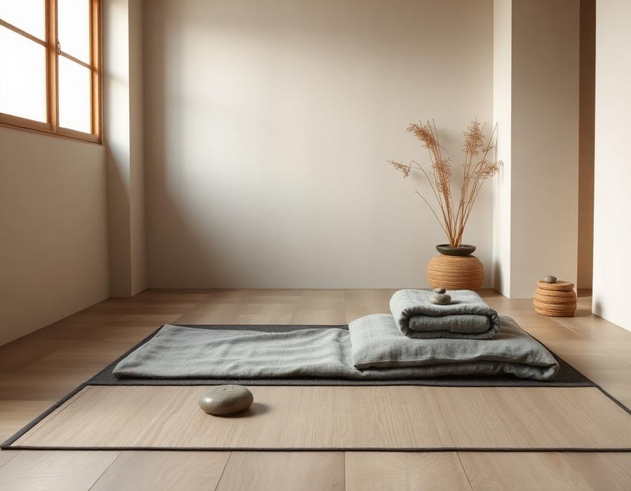 Serene Thai massage studio with a floor mat and folded gray linens